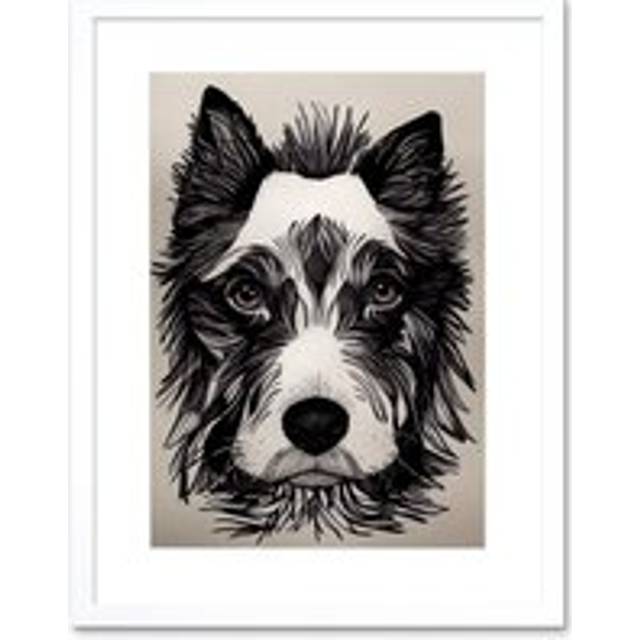 Wall Art Print Cute Border Collie Face Portrait Ink Line Drawing Black White Monochrome Artwork Framed 9X7 Inch - W7 inch x H9 inch