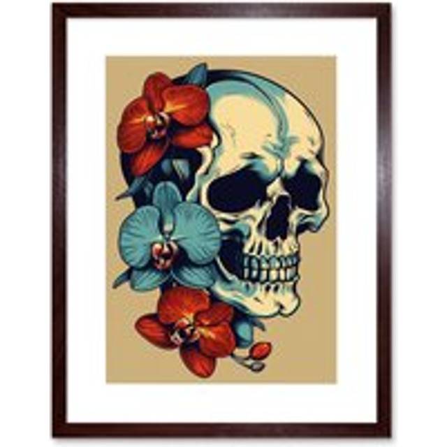 Wall Art Print Skull Orchid Flower Blooms Tattoo Ink Body Art Rockabilly Americana 50s Artwork Framed 9X7 Inch - Brown - W7 inch x H9 inch