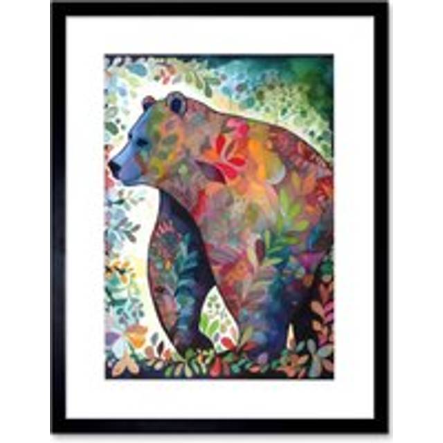 Wall Art Print Grizzly Bear With Botanical Patterns Folk Art Watercolour Painting Artwork Framed 9X7 Inch - Black - W7 inch x H9 inch