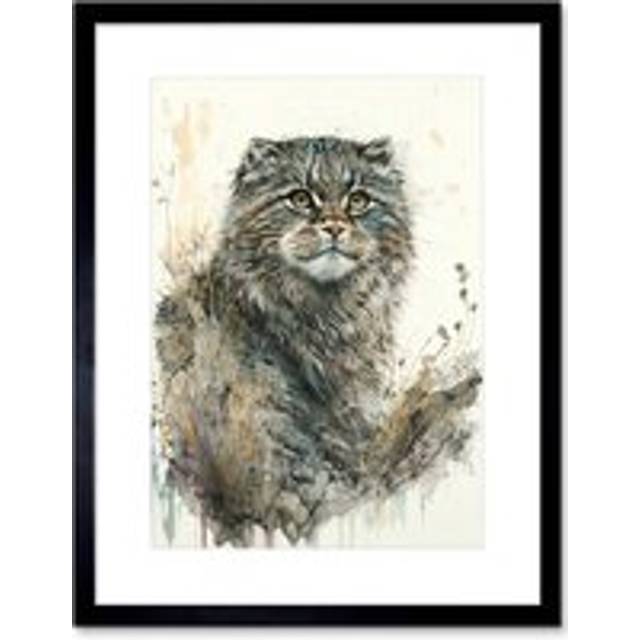 Wall Art Print Manul Pallas Cat Portrait in Wildflowers Watercolour Artwork Framed 9X7 Inch - Black - W7 inch x H9 inch