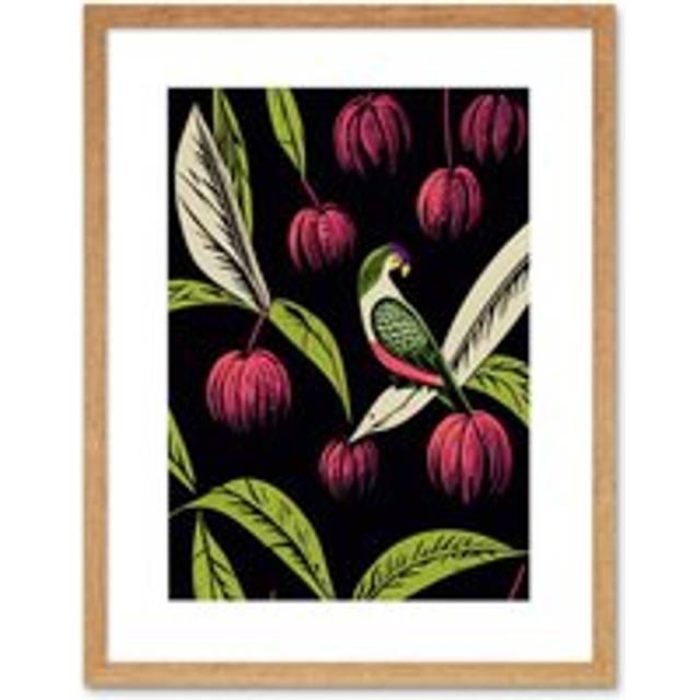 Wall Art Print Parrot in Tree Fruit Bright Green and Pink Black Colour Linocut Modern Vintage Artwork Framed 9X7 Inch - Beige - W7 inch x H9 inch