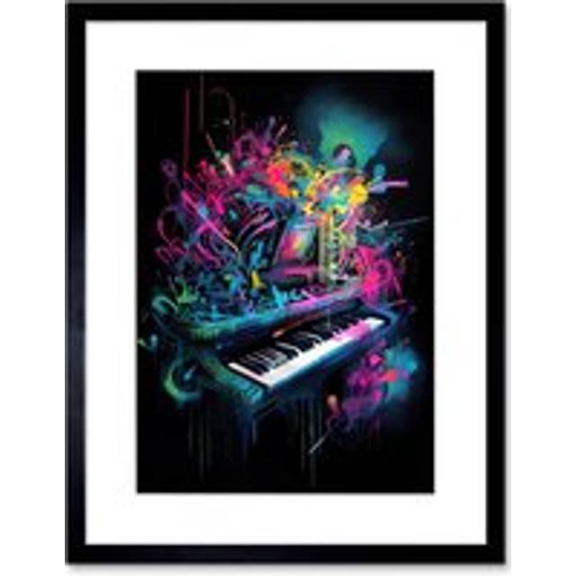 Wall Art Print Melodic Explosion Piano Bursting in Vibrant Colours Modern Acrylic Paint Painting Artwork Framed 9X7 Inch - Black - W7 inch x H9 inch