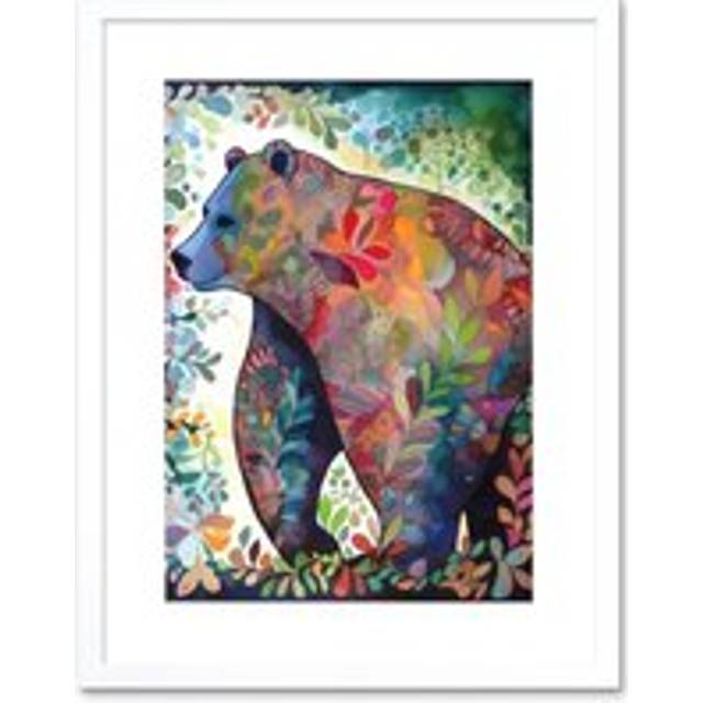 Wall Art Print Grizzly Bear With Botanical Patterns Folk Art Watercolour Painting Artwork Framed 9X7 Inch - White - W7 inch x H9 inch