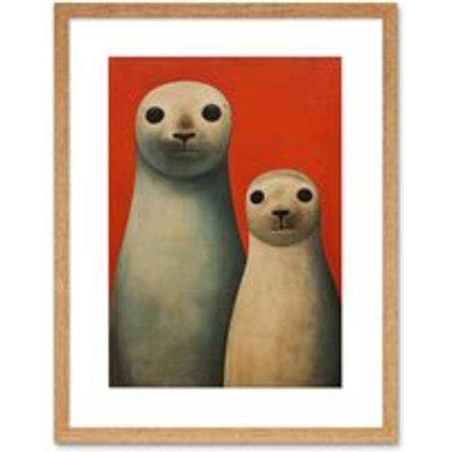 Wall Art Print Seal Pups Portrait White Cream On Red Crimson Coral Detailed Oil Painting Artwork Framed 9X7 Inch - Beige - W7 inch x H9 inch