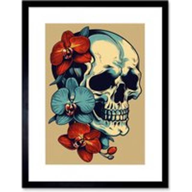 Wall Art Print Skull Orchid Flower Blooms Tattoo Ink Body Art Rockabilly Americana 50s Artwork Framed 9X7 Inch - Black - W7 inch x H9 inch