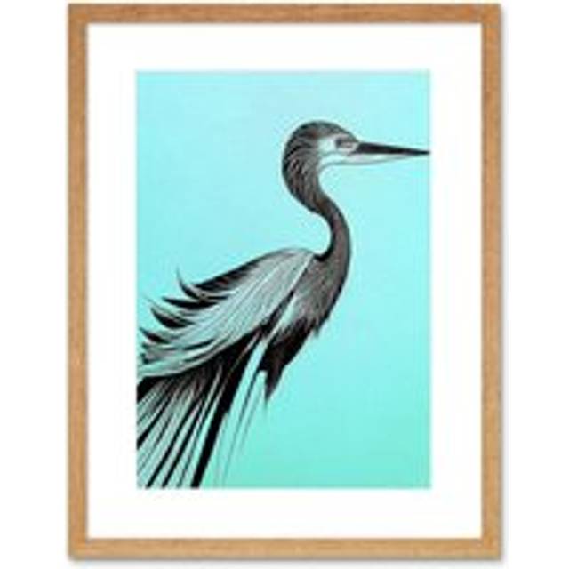 Wall Art Print Heron Pen Ink Black on Baby Blue Artwork Framed 9X7 Inch - Beige - W7 inch x H9 inch