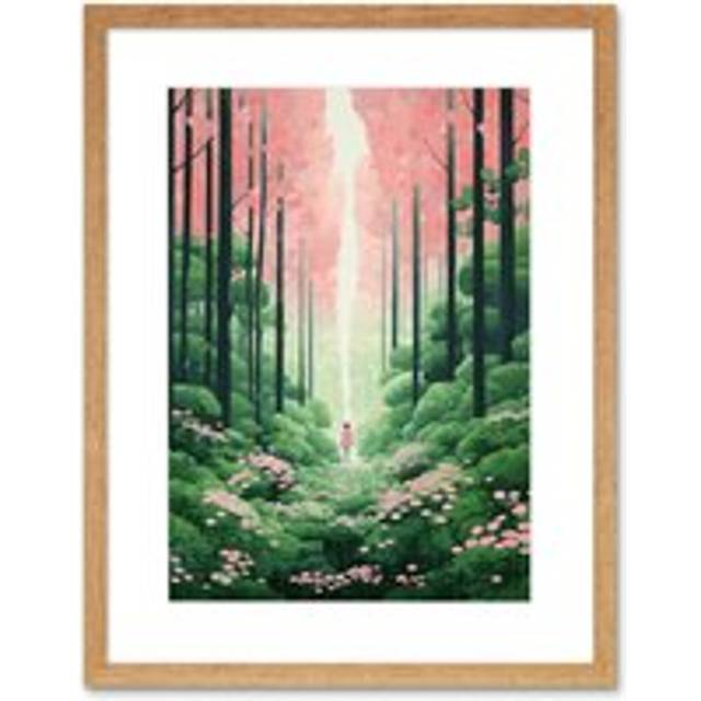 Wall Art Print Mount Yoshino Cherry Blossom Tree Forest Bright Artwork Baby Pink Green Walk in Nature Trail Artwork Framed 9X7 Inch - Beige - W7 inch - W7 inch x H9 inch