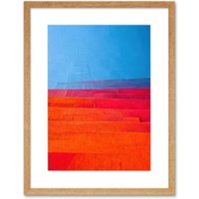 Wall Art Print Abstract Minimalist Steps Painting Blue Purple Pink Orange Red Artwork Framed 9X7 Inch - Beige - W7 inch x H9 inch