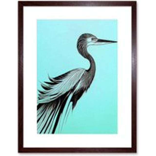 Wall Art Print Heron Pen Ink Black on Baby Blue Artwork Framed 9X7 Inch - Brown - W7 inch x H9 inch