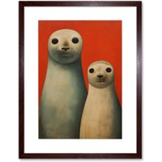Wall Art Print Seal Pups Portrait White Cream On Red Crimson Coral Detailed Oil Painting Artwork Framed 9X7 Inch - Brown - W7 inch x H9 inch