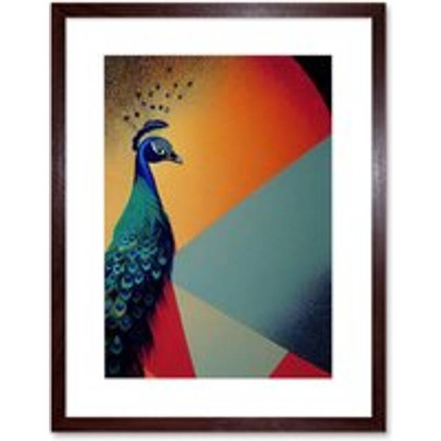 Wall Art Print Modern Peacock Portrait in Colourful Abstract Vibrant Orange Artwork Framed 9X7 Inch - Brown - W7 inch x H9 inch