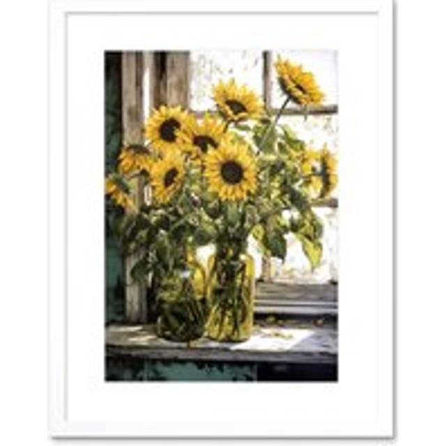 Wall Art Print Sunflowers Still Life Watercolour Painting Yellow Flowers Farmhouse Window Sill Artwork Framed 9X7 Inch - White - W7 inch x H9 inch