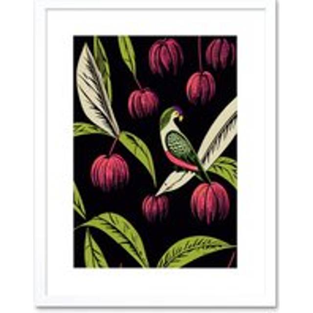 Wall Art Print Parrot in Tree Fruit Bright Green and Pink Black Colour Linocut Modern Vintage Artwork Framed 9X7 Inch - White - W7 inch x H9 inch