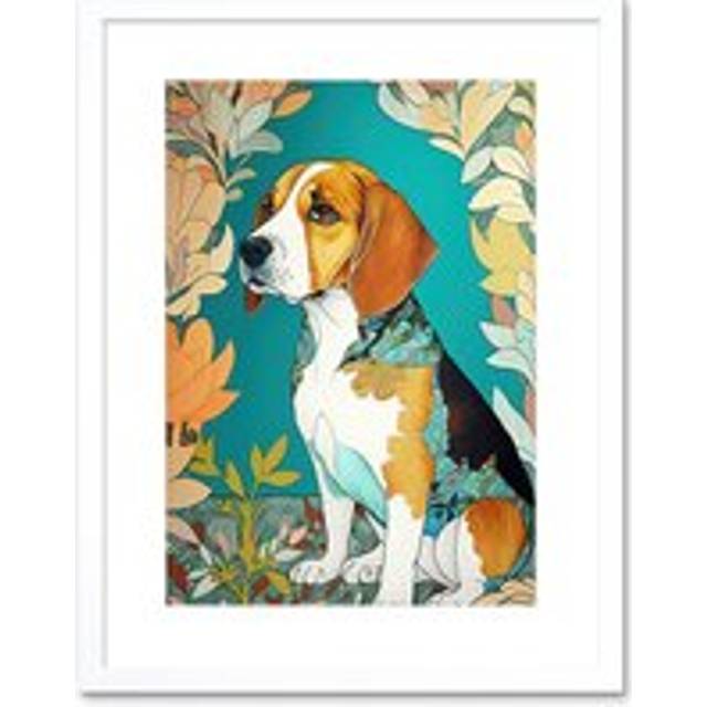 Wall Art Print Beagle Dog With Floral Frame and Ornate Fur Coat Colourful Modern Art Nouveau Artwork Framed 9X7 Inch - White - W7 inch x H9 inch