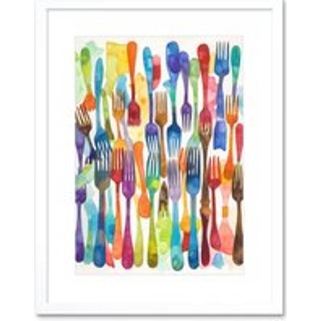 Wall Art Print Cutlery Pattern Multicoloured Forks Watercolour Painting Artwork Framed 9X7 Inch - White - W7 inch x H9 inch