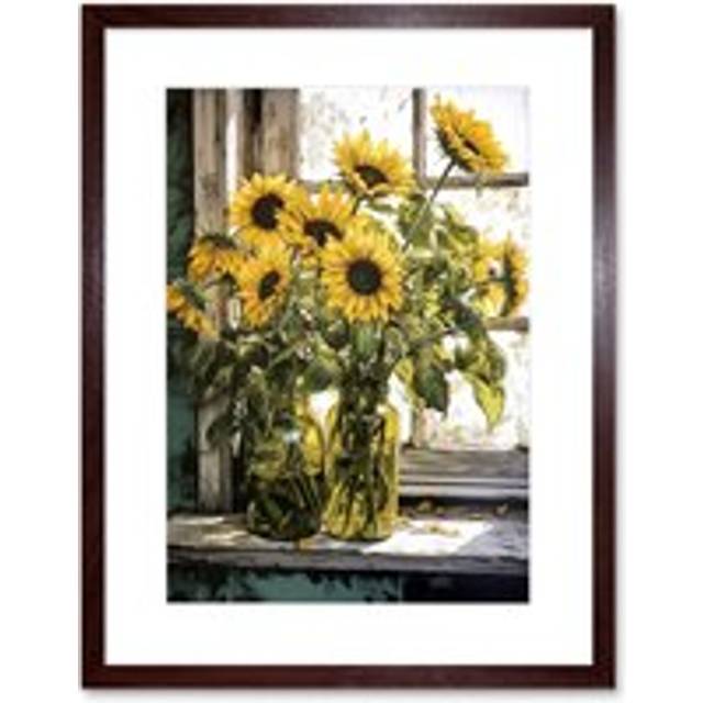 Wall Art Print Sunflowers Still Life Watercolour Painting Yellow Flowers Farmhouse Window Sill Artwork Framed 9X7 Inch - Brown - W7 inch x H9 inch
