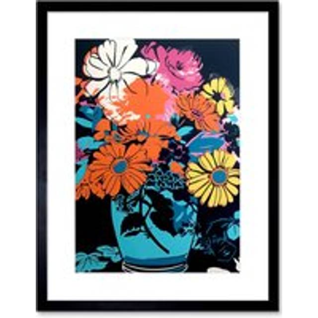 Wall Art Print Flower Bouquet in Vase Linocut Orange Yellow Blue Pink Floral Preppy Aesthetic Artwork Framed 9X7 Inch - Black - W7 inch x H9 inch
