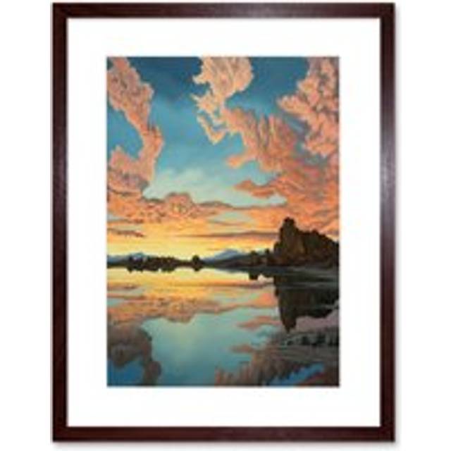 Wall Art Print Atmospheric Cloud Reflections Early Morning Dawn at Mono Lake Modern Watercolour Painting Artwork Framed 9X7 Inch - Brown - W7 inch x H - W7 inch x H9 inch