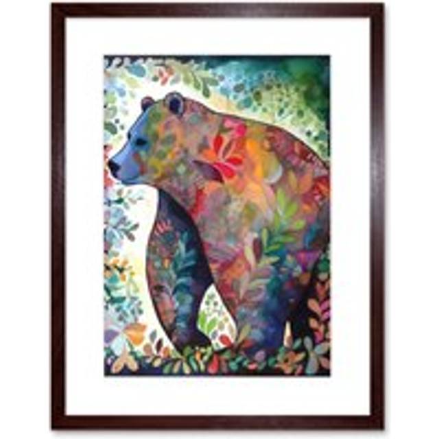 Wall Art Print Grizzly Bear With Botanical Patterns Folk Art Watercolour Painting Artwork Framed 9X7 Inch - Brown - W7 inch x H9 inch