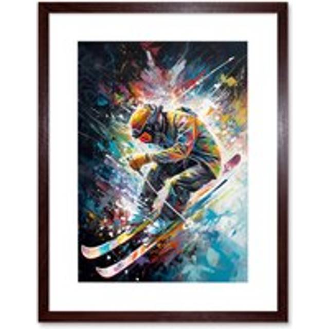 Wall Art Print Skier Skiing Vibrant Splatter Art Motion Painting Artwork Framed 9X7 Inch - Brown - W7 inch x H9 inch