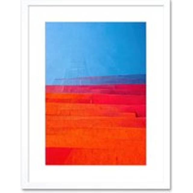 Wall Art Print Abstract Minimalist Steps Painting Blue Purple Pink Orange Red Artwork Framed 9X7 Inch - White - W7 inch x H9 inch