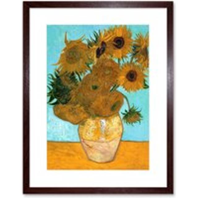 Wall Art Print Van Gogh Vase With Twelve Sunflowers Artwork Framed 9X7 Inch - Brown - W7 inch x H9 inch