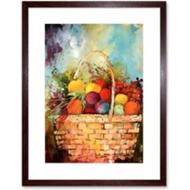Wall Art Print Hand Woven Basket Filled with Fruit and Herbs Artwork Framed 9X7 Inch - Brown - W7 inch x H9 inch