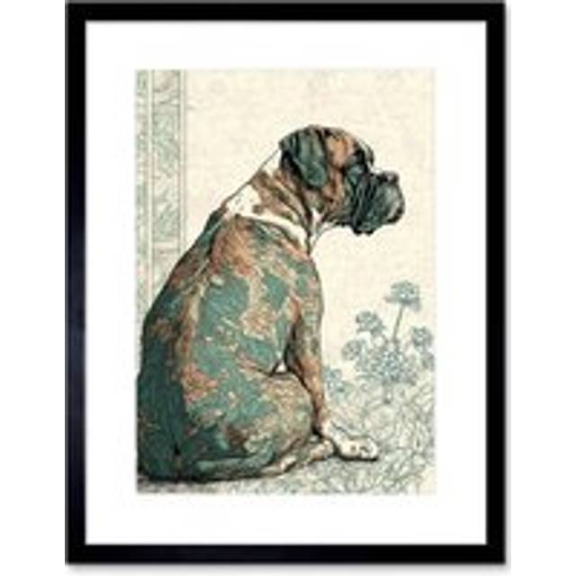 Wall Art Print Boxer Dog with Floral Pattern Fur Coat Modern Watercolour and Ink Artwork Framed 9X7 Inch - Black - W7 inch x H9 inch