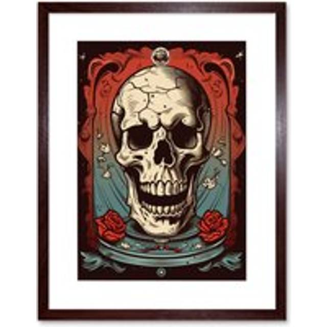 Wall Art Print Cracked Skull in a Glass Jar Tattoo Ink Body Art Rockabilly Americana 50s Artwork Framed 9X7 Inch - Brown - W7 inch x H9 inch