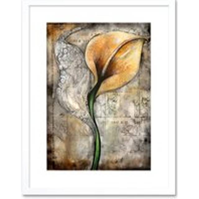 Wall Art Print Batik Style Pattern Calla Lily Flower Bloom Artwork Framed 9X7 Inch - White - W7 inch x H9 inch