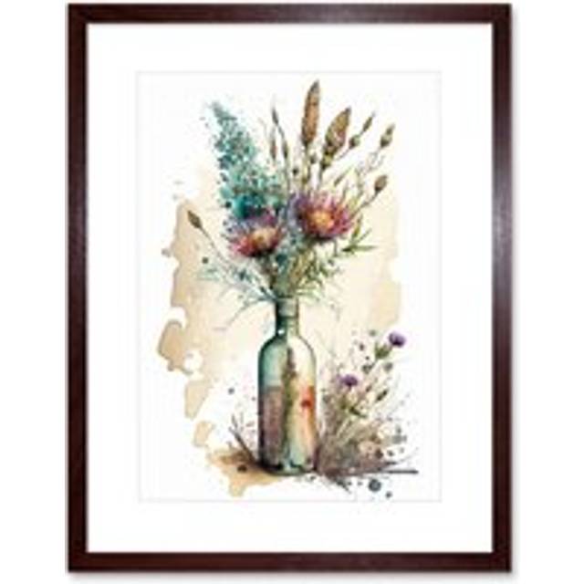 Wall Art Print Spring Flower Bouquet In Glass Wine Bottle Vase Artwork Framed 9X7 Inch - Brown - W7 inch x H9 inch