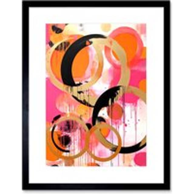 Wall Art Print Abstract Circles Oil Painting Bright Pink Orange Gold Black Geometric Drip Paint Artwork Framed 9X7 Inch - W7 inch x H9 inch