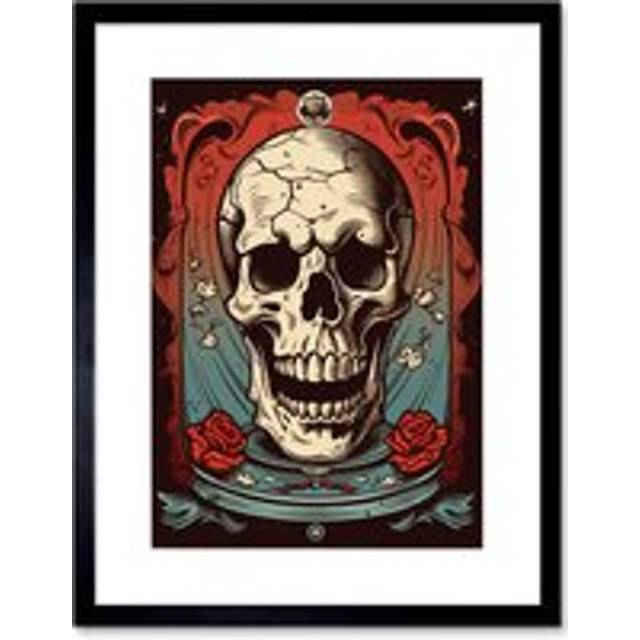 Wall Art Print Cracked Skull in a Glass Jar Tattoo Ink Body Art Rockabilly Americana 50s Artwork Framed 9X7 Inch - Black - W7 inch x H9 inch