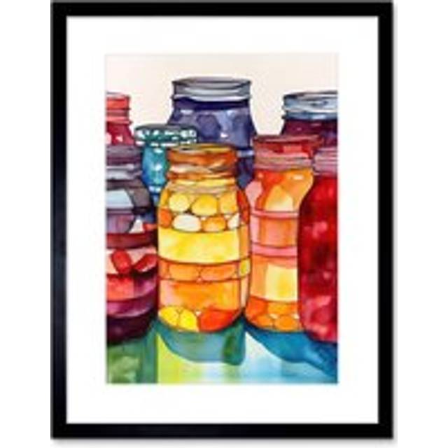 Wall Art Print Coloured Glass Canning Jars Still Life Watercolour Painting Artwork Framed 9X7 Inch - Black - W7 inch x H9 inch