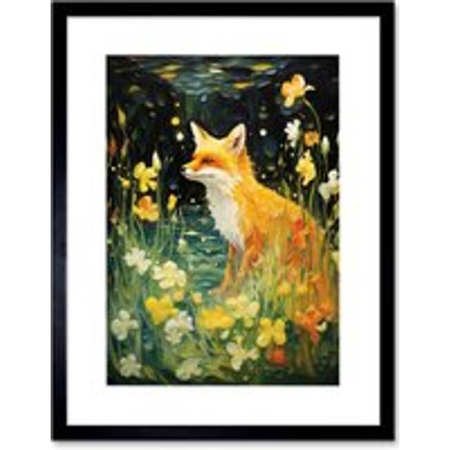 Wall Art Print Fox Dream Floral Yellow Oil Painting Orange White Dreamscape of Lily Flowers in Spring Artwork Framed 9X7 Inch - Black - W7 inch x H9 i - W7 inch x H9 inch