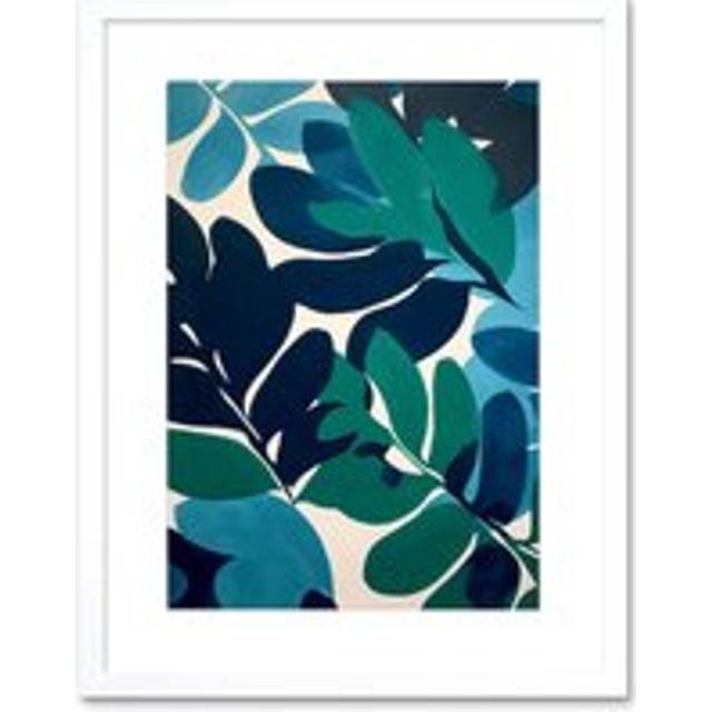 Wall Art Print Henri Matisse Style Leaves Watercolour Painting Blue Green Botanical Boho Leaf Artwork Framed 9X7 Inch - White - W7 inch x H9 inch