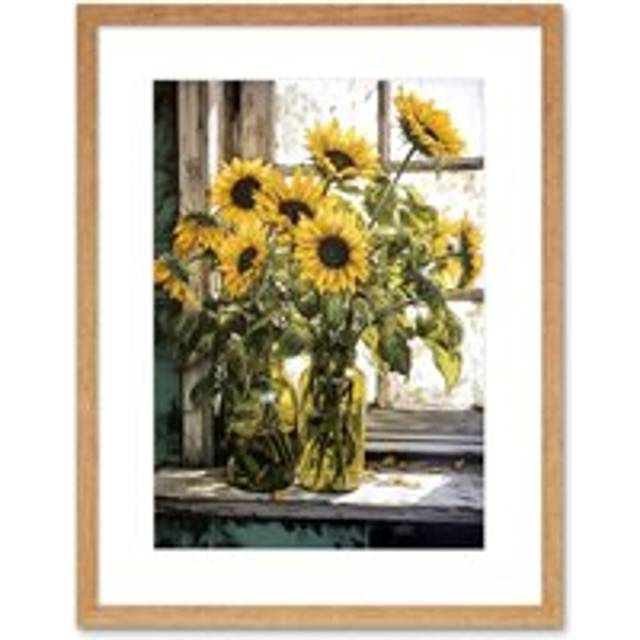 Wall Art Print Sunflowers Still Life Watercolour Painting Yellow Flowers Farmhouse Window Sill Artwork Framed 9X7 Inch - Beige - W7 inch x H9 inch