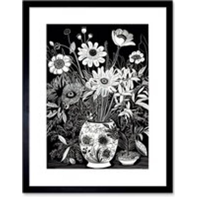 Wall Art Print Flower Bouquet Vase Black and White Blind Contour Artwork Framed 9X7 Inch - W7 inch x H9 inch