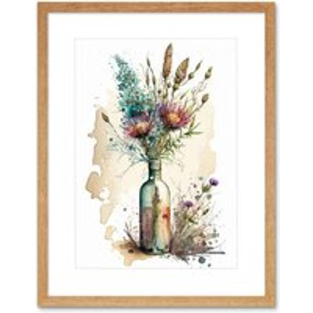 Wall Art Print Spring Flower Bouquet In Glass Wine Bottle Vase Artwork Framed 9X7 Inch - Beige - W7 inch x H9 inch