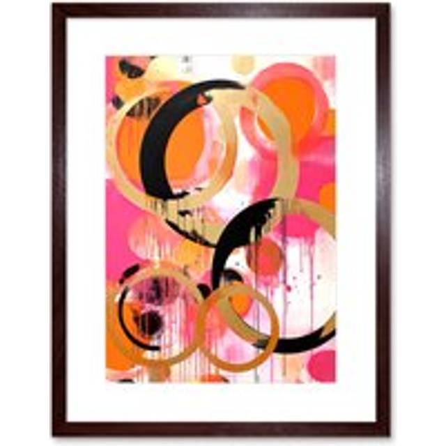 Wall Art Print Abstract Circles Oil Painting Bright Pink Orange Gold Black Geometric Drip Paint Artwork Framed 9X7 Inch - Brown - W7 inch x H9 inch