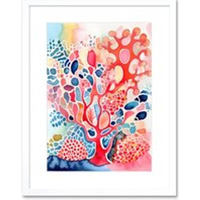 Wall Art Print Pink And Blue Coral Folk Art Watercolour Painting Artwork Framed 9X7 Inch - White - W7 inch x H9 inch