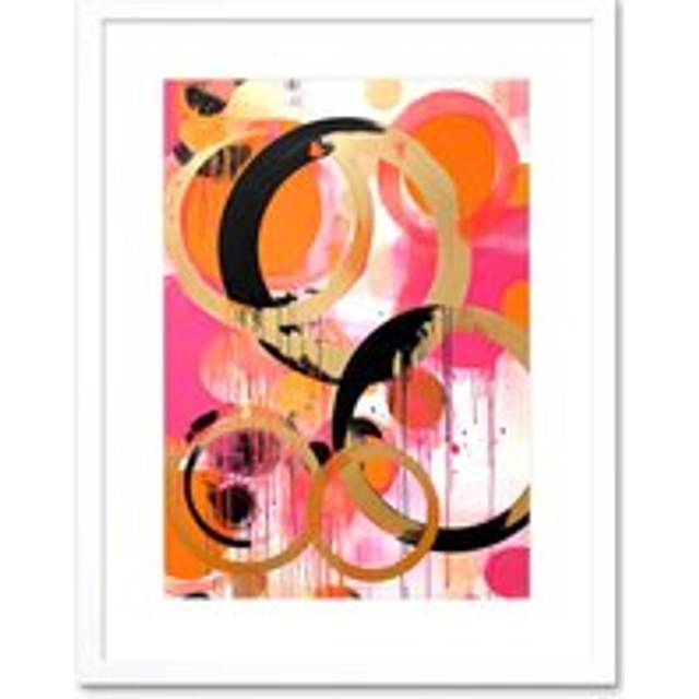 Wall Art Print Abstract Circles Oil Painting Bright Pink Orange Gold Black Geometric Drip Paint Artwork Framed 9X7 Inch - White - W7 inch x H9 inch