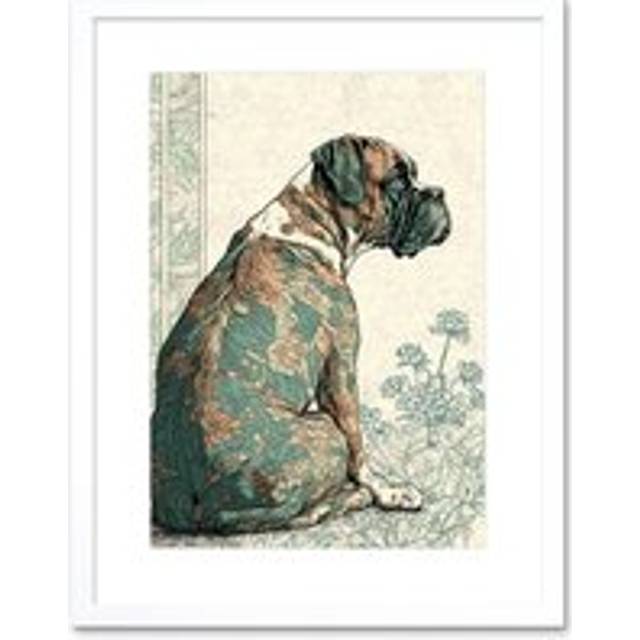 Wall Art Print Boxer Dog with Floral Pattern Fur Coat Modern Watercolour and Ink Artwork Framed 9X7 Inch - White - W7 inch x H9 inch