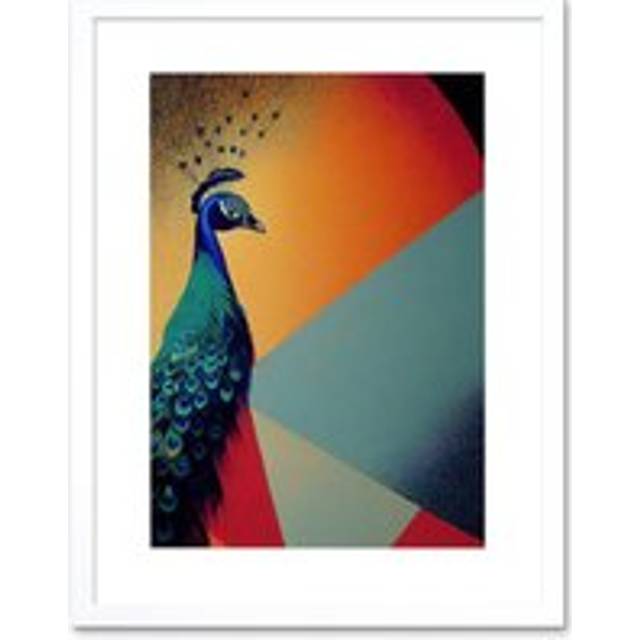 Wall Art Print Modern Peacock Portrait in Colourful Abstract Vibrant Orange Artwork Framed 9X7 Inch - White - W7 inch x H9 inch