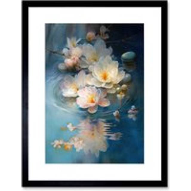 Wall Art Print Fallen Cherry Blossom Flower Water Ripples Modern Watercolour Painting Artwork Framed 9X7 Inch - Black - W7 inch x H9 inch