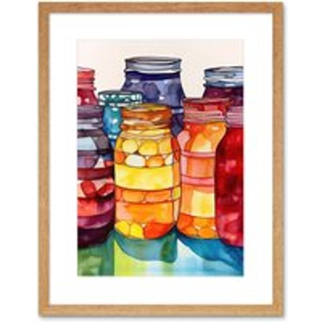 Wall Art Print Coloured Glass Canning Jars Still Life Watercolour Painting Artwork Framed 9X7 Inch - Beige - W7 inch x H9 inch