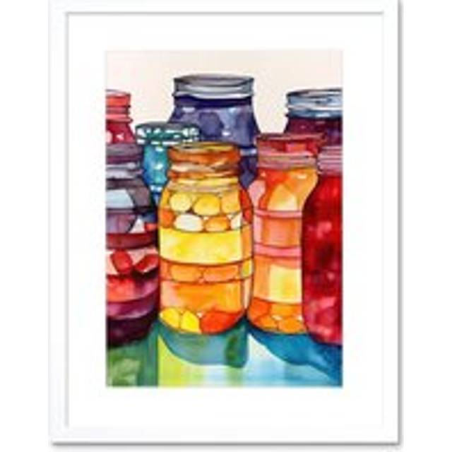 Wall Art Print Coloured Glass Canning Jars Still Life Watercolour Painting Artwork Framed 9X7 Inch - White - W7 inch x H9 inch