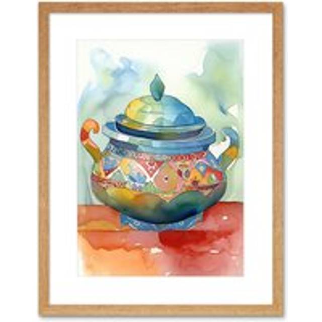 Wall Art Print Soup Tureen With Patterns Folk Artwork Framed 9X7 Inch - Beige - W7 inch x H9 inch