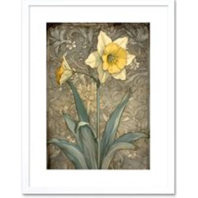 Wall Art Print Daffodil Flower Pastel Watercolour Art Nouveau Artwork Framed 9X7 Inch - White - W7 inch x H9 inch