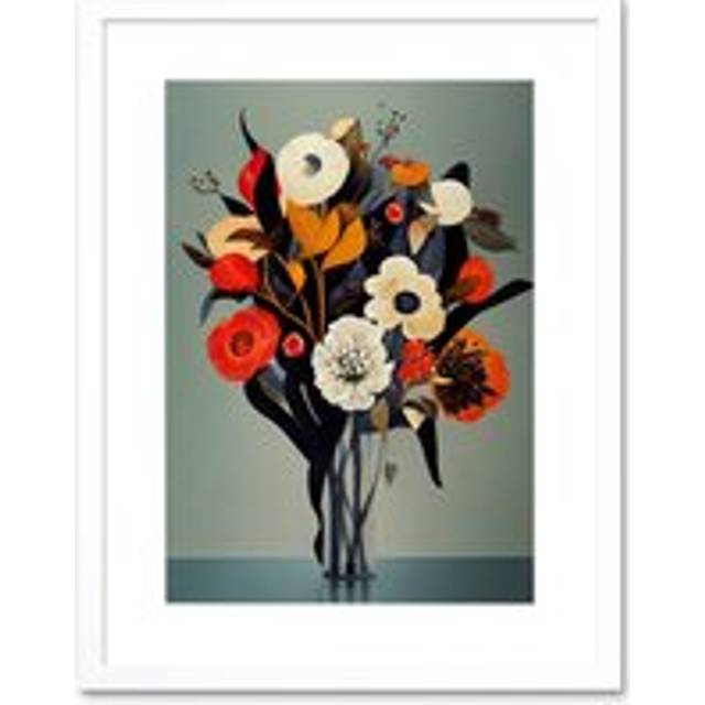 Wall Art Print Winter Flower Floral Bouquet Orange Navy Cream Modern Acrylic Paint Artwork Framed 9X7 Inch - White - W7 inch x H9 inch